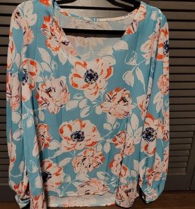 Vneck bishop sleeve chiffon floral blouse XL